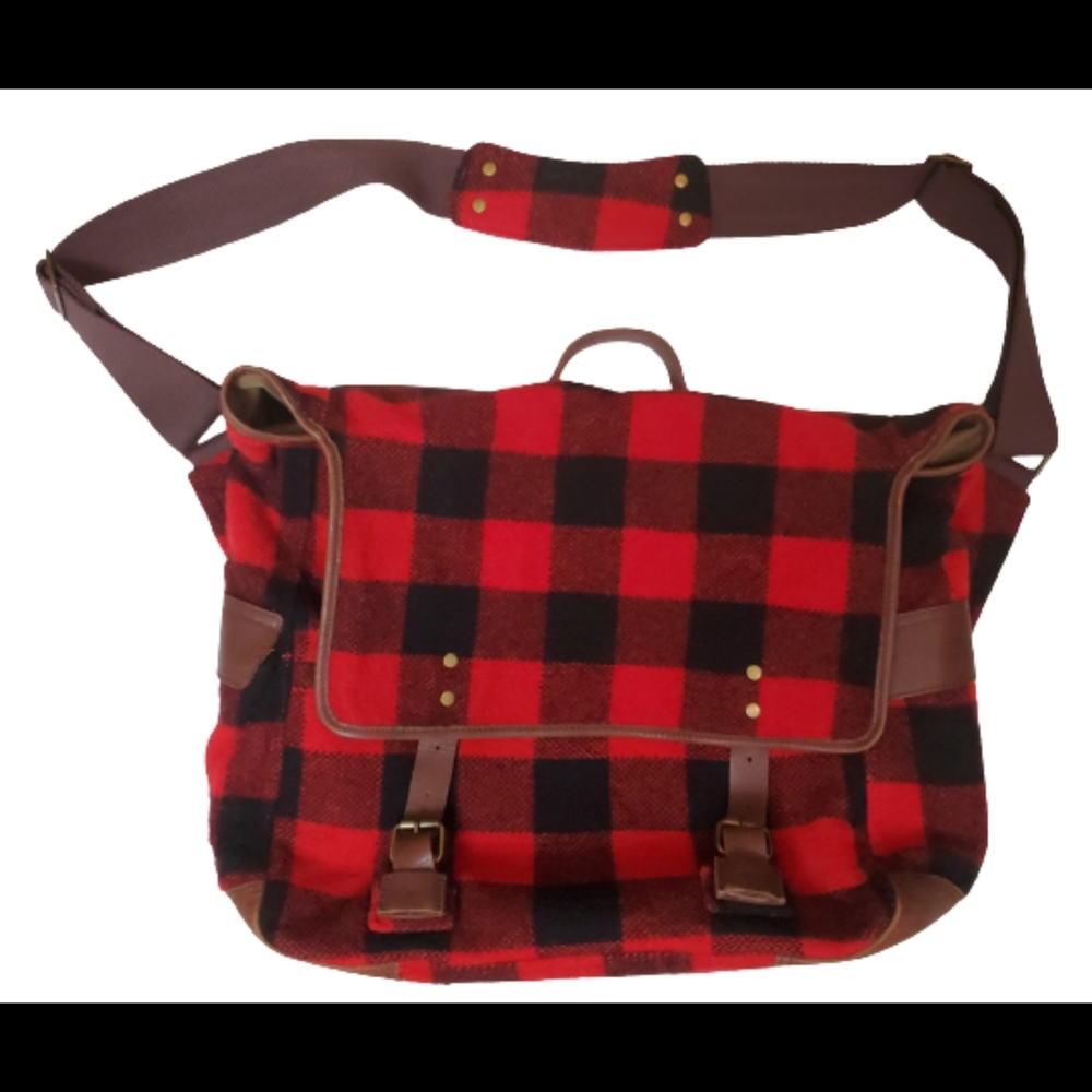 J Crew Wool And Leather Messenger Bag Red Plaid